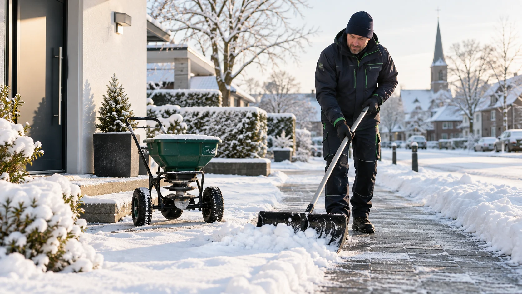 Professioneller Winterdienst beim Räumen eines verschneiten Gehwegs